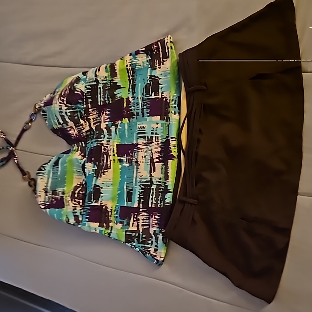 Brown purple blue green bathing suit